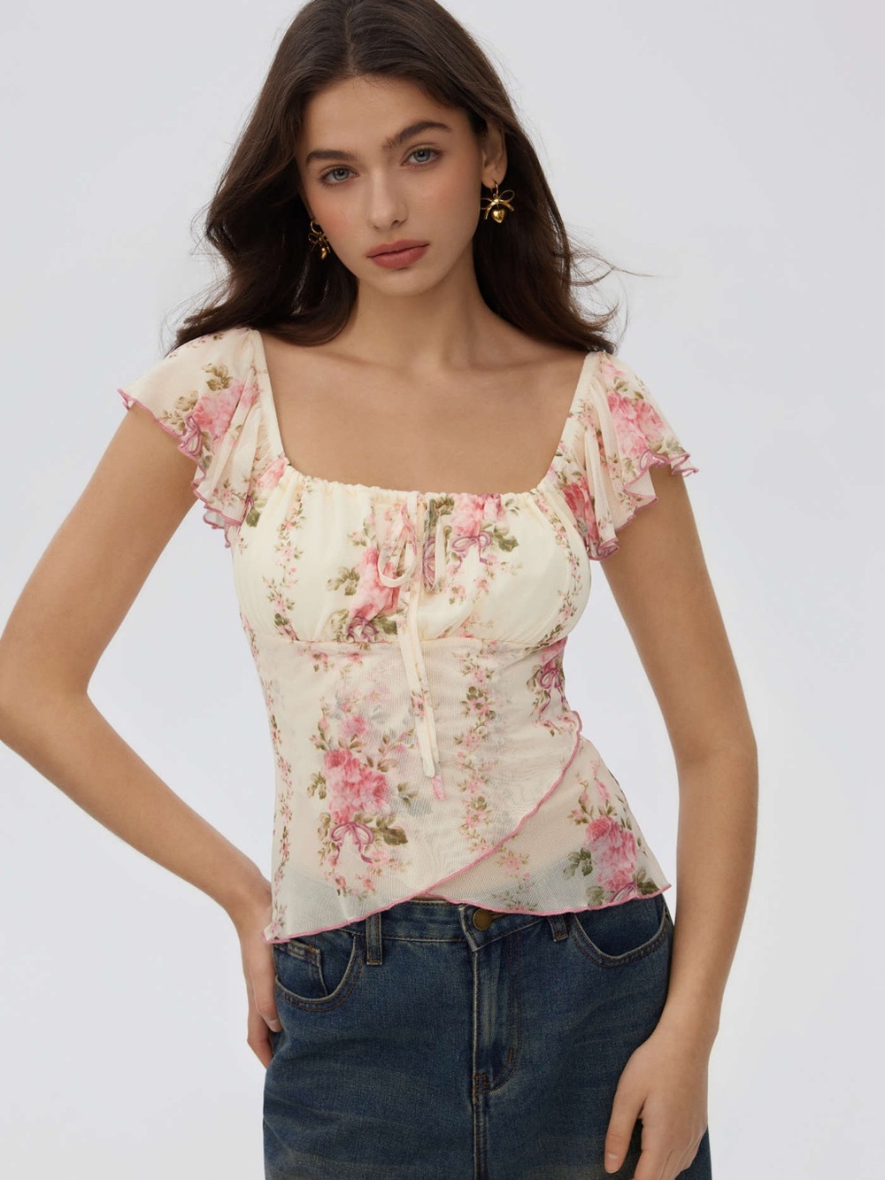Floral Cottagecore Flutter Sleeve Top